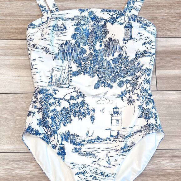 NWT! Vineyard Vines Women's Navy White One Piece Swimsuit Vineyard Toile Small - Picture 2 of 5